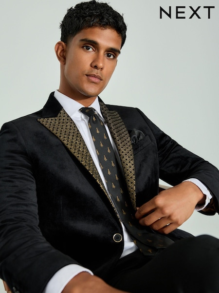 Black/Gold Lapel Geo Detail Velvet Blazer (B05093) | 220 QAR