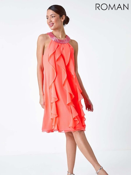 Roman Orange Embellished Collar Frilled Chiffon Dress (B05104) | €47.50