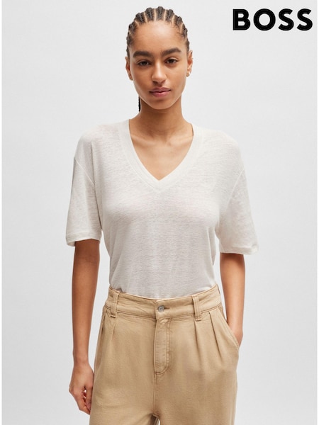 BOSS White 100% Linen V-Neck T-Shirt (B05113) | €43.50