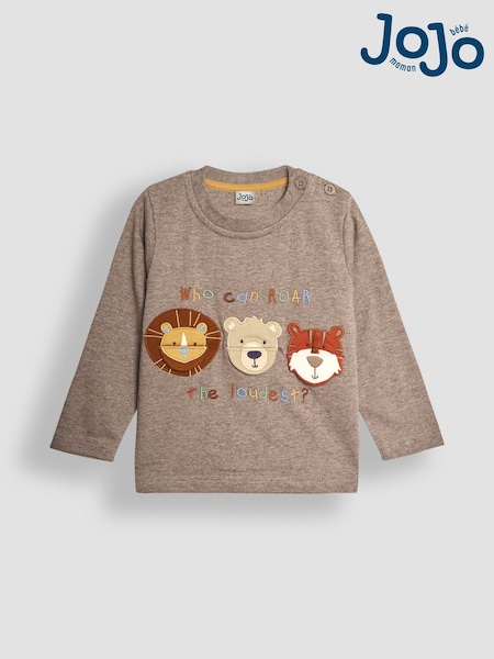 JoJo Maman Bébé Mocha Brown Who Roars The Loudest Appliqué and Embroidered Top (B05145) | €29