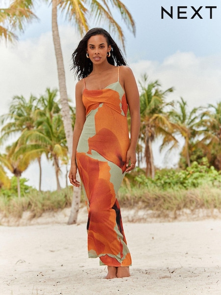 Оранжевый - Floral Print Strappy Cowl Neck Maxi Dress (B05164) | €31