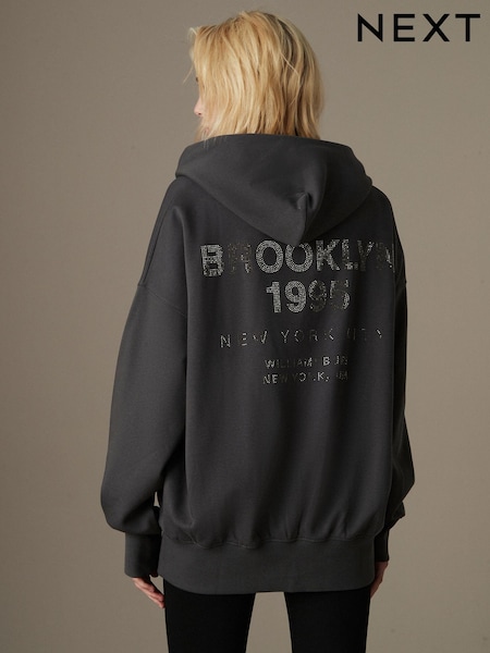 Charcoal Grey Oversized Sparkle Back Graphic Longline Hoodie (B05166) | AED84