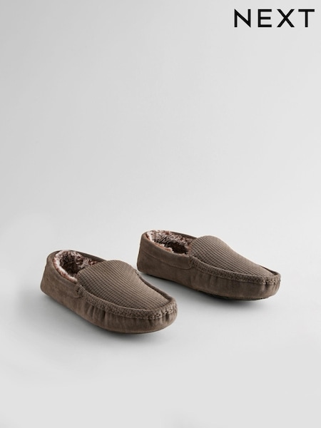 Brown Suede Faux Fur Lined Moccasin Slippers (B05237) | €20