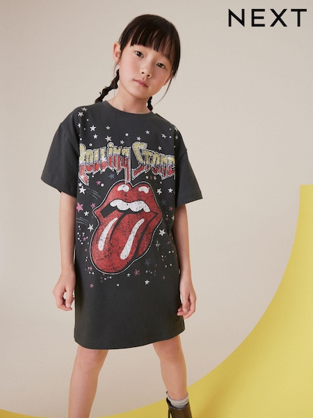 Charcoal Grey Rolling Stones 100% Cotton T-Shirt Dress (3-16yrs) (B05296) | AED56 - AED74