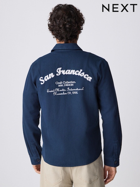 Granatowy - Denim Embroidered 100% Cotton Shacket (B05362) | 290 zł