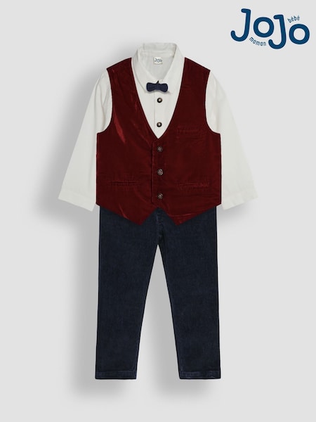 JoJo Maman Bébé Burgundy Velvet Waistcoat Shirt and Trousers Set (B05365) | €69