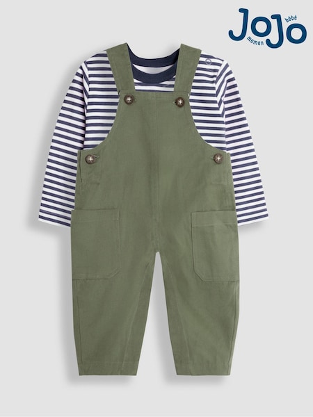JoJo Maman Bébé Khaki Twill Side Pocket Dungarees And Stripe Top Set (B05439) | R$ 295