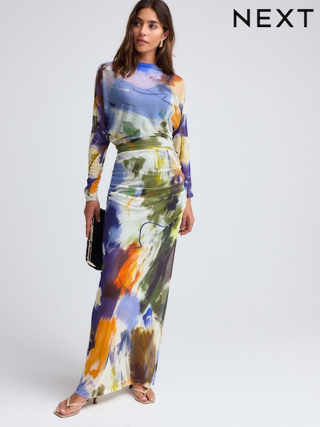 Blue Multi Abstract Print Mesh Batwing Sleeve Maxi Dress (B05452) | €20