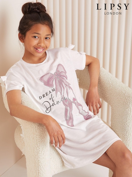 Lipsy White Jersey Bow Detail Graphic Nightie 5-6yrs (B05558) | €16 - €25