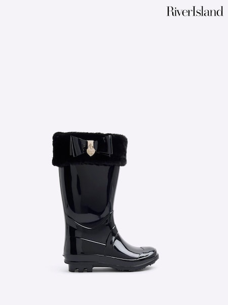River Island Black Faux Fur Bow Girls Wellie Boots (B05590) | €13