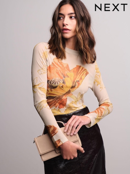 Orange Floral Print Long Sleeve Floral Mesh Top (B05612) | AED28