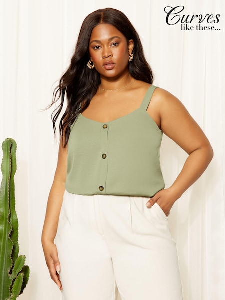 Curves Like These Khaki Green Button Front Cami Top (B05716) | €10