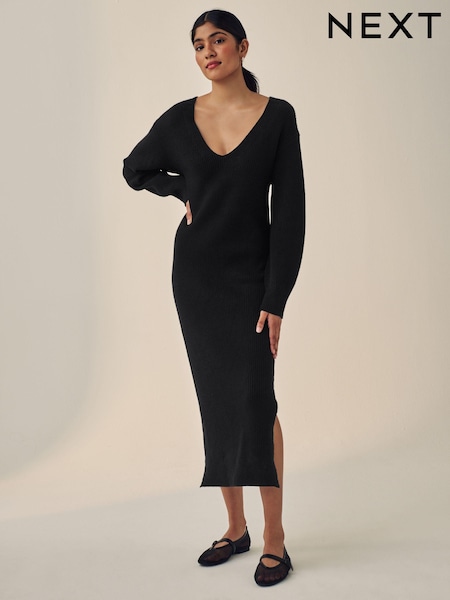 Preto - Long Sleeve V-Neck Midi Ribbed Knitted Jumper Dress (B05719) | R$ 320