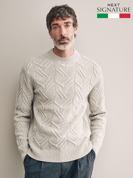 Ecru White Regular Fit 100% Italian Merino Signature Cable Crew Jumper (B05883) | €42