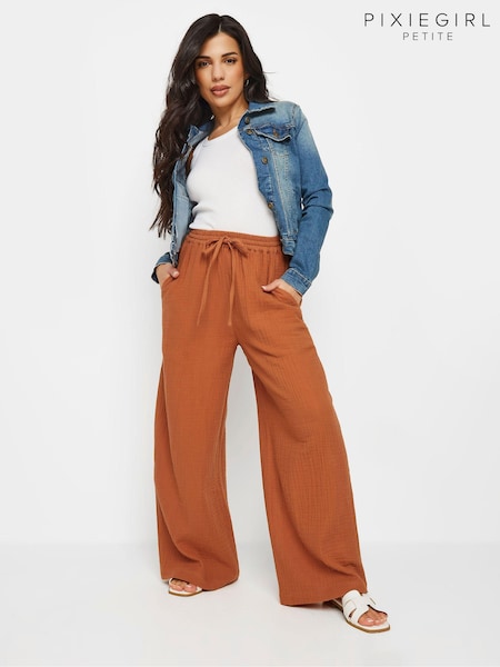 Portocaliu - PixieGirl Petite Bonded Cravată Waist 100% Cotton Pantaloni (B06041) | 103 LEI