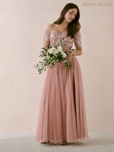 Maya Embellished Sweetheart Bardot Maxi Bridesmaid Dress With Split (B06253) | 438 LEI