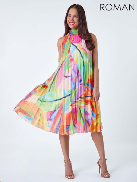 Roman Orange Tropical Halter Neck Pleated Dress (B06265) | 287 QAR
