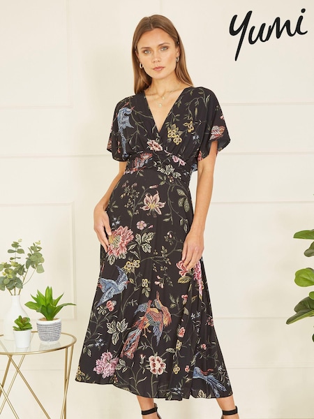 Yumi Black Viscose Bird and Floral Print Kimono Midi Dress (B06274) | €79