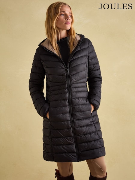 שחור - Joules Kenley Showerproof Long Padded Coat With Hood (B06365) | ‏452‏₪