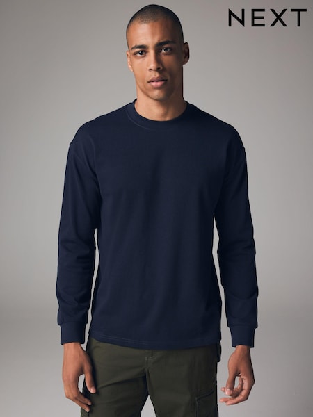 Navy Blue Relaxed Fit Long Sleeve Heavyweight 100% Cotton T-Shirt (B06398) | €24