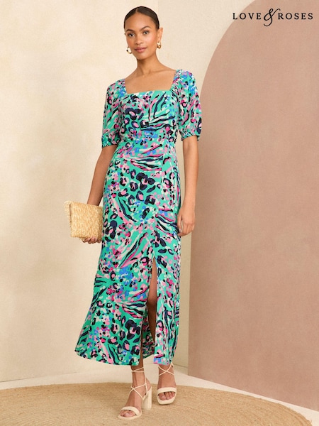 Love & Roses Printed Square Neck Puff Sleeve Midi Dress (B06407) | €28