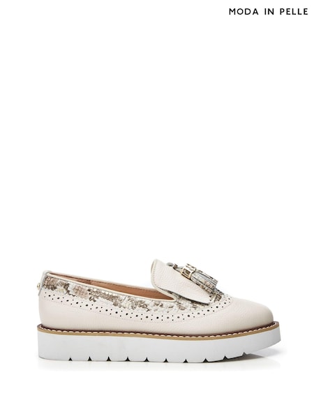 Moda in Pelle Eilani Brogue Detail Eva Wedge White Loafers (B06492) | AED259