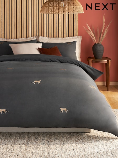 Charcoal Grey Embroidered Leopard Duvet Cover and Pillowcase Set (B06523) | 120 QAR - 223 QAR
