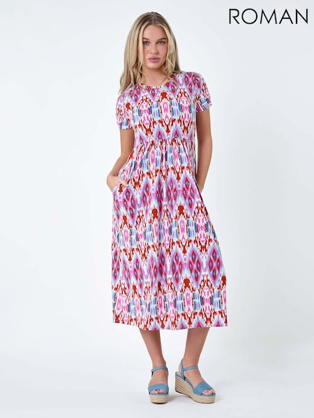 Roman Pink Roman Patterned Print Stretch Pocket Midi Dress (B06538) | €53