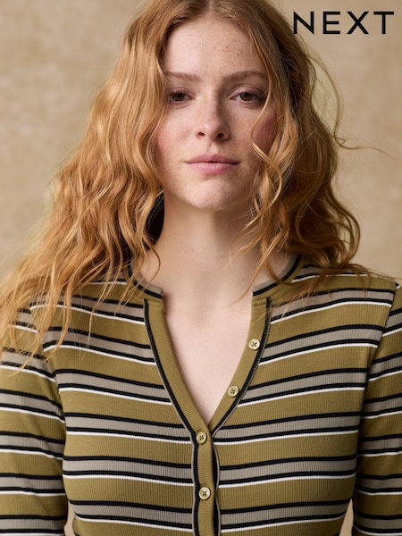 Khaki Green Stripe Ribbed Button Detail Long Sleeve Henley Bodysuit (B06559) | €16