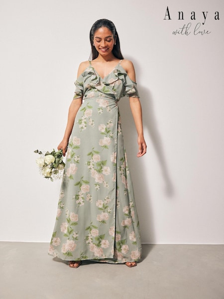 Anaya With Love Green Cold Shoulder Wrap Printed Maxi Bridesmaid Dress (B06570) | €50