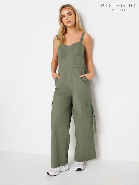 Verde - PixieGirl Petite 100% Cotton Utility Wide Leg Jumpsuit (B06693) | 55 €