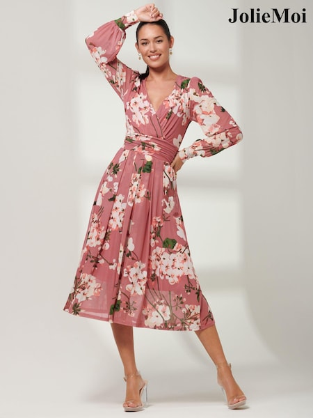 Jolie Moi Light Pink Rayla Wrap Front Mesh Midi Dress (B06703) | €46