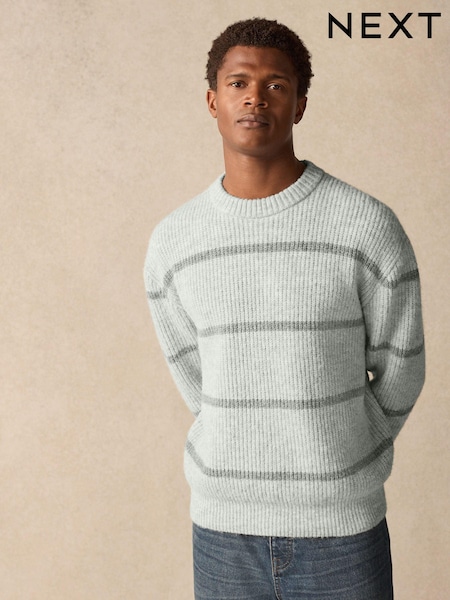 Grey Regular Fit Horizontal Stripe Crew Jumper with Wool (B06714) | €44