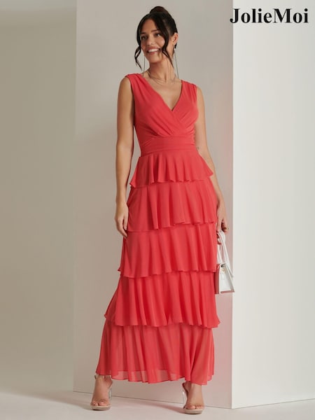 Jolie Moi Red Plain Wrap Bodice Mesh Maxi Dress (B06796) | €47