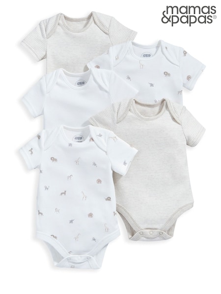 Mamas & Papas Born Wild Short Sleeve 100% Cotton Brown Bodysuits 5 Pack (B06807) | 28 €