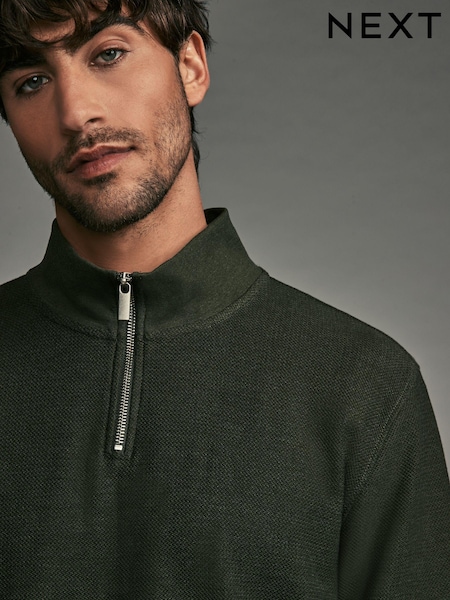 Khaki Green Marl Long Sleeve Textured Quarter Zip Jumper (B06957) | R$ 250