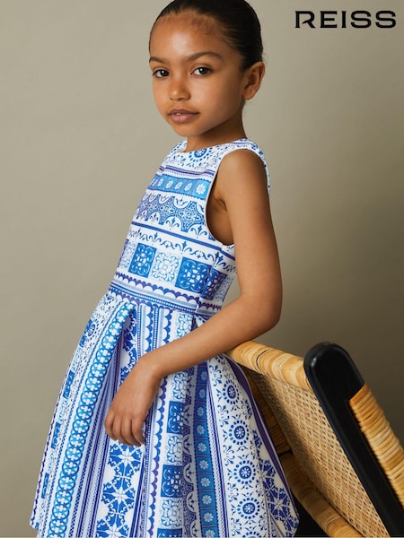 Reiss Blue Print Lena 9-13 yrs Tile Print Scuba Fit-and-Flare Dress (B07000) | 441 QAR