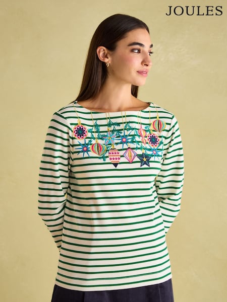 Joules Festive Harbour Green/White Boat Neck Breton Top (B07078) | €53