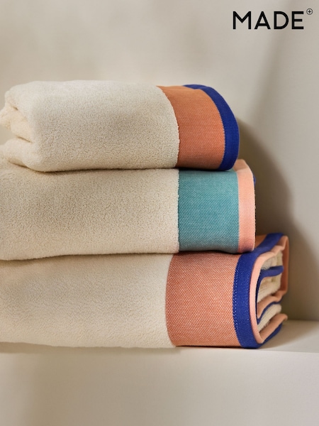 MADE.COM Peach and Blues Dax Border 100% Cotton Towel (B07244) | €13.50 - €40