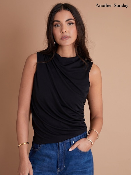 Another Sunday Jersey Cowl Sleeveless Black Top (B07278) | 69 QAR