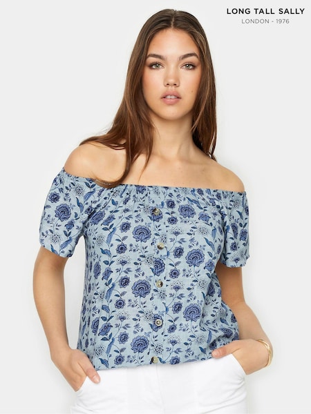 Long Tall Sally Blue Floral Print Button Detail Bardot 100% Cotton Top (B07318) | ₪146