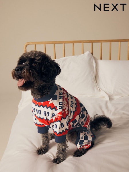 Red/Navy Blue Matching Family Pets Christmas Ho Ho Ho Fairisle Pattern 100% Cotton Pyjamas (B07397) | AED51