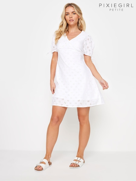 PixieGirl Petite White 100% Cotton Tie Front Broderie Dress (B07442) | €52