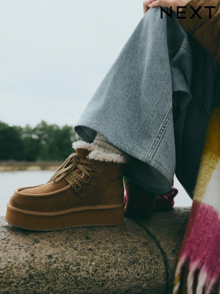 Tan Brown Suede Faux Fur Lined Flatform Lace-Up Boots (B07607) | €41