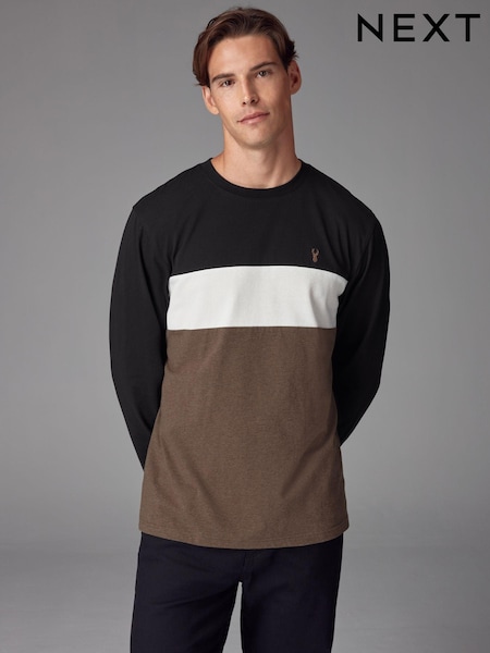 Black/Tan Long Sleeve Block 100% Cotton T-Shirt (B07770) | €9