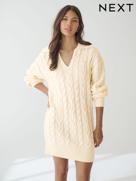 White Ecru Collar V-Neck Long Sleeve Cable Knitted Short Mini Jumper Dress (B07793) | €22