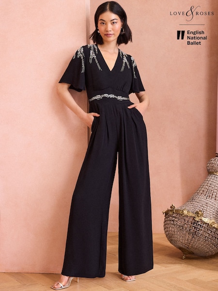Love & Roses Embellished Angel Sleeve Wide Leg Jumpsuit (B07824) | 326 LEI