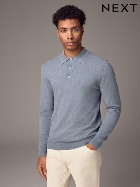 Light Blue Marl Regular Fit Knitted Long Sleeve Polo Shirt (B07943) | R$ 270