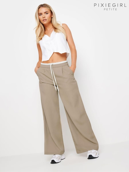 PixieGirl Petite Brown Contrast Waist Wide Leg Trousers (B10031) | 183 QAR