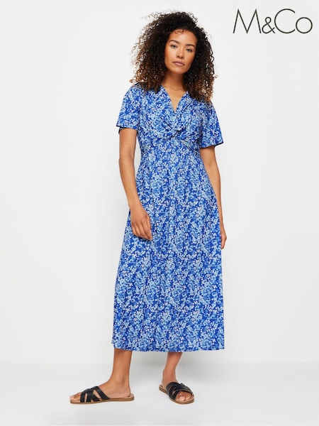 M&Co Blue Floral Print Twist Front Short Sleeve Dress (B10036) | €55